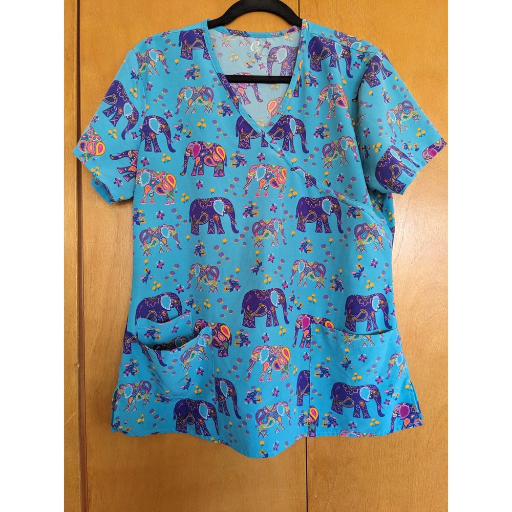 G7 Performance Women Blue Paisley Elephant Print Scrub Top GT507BOE L